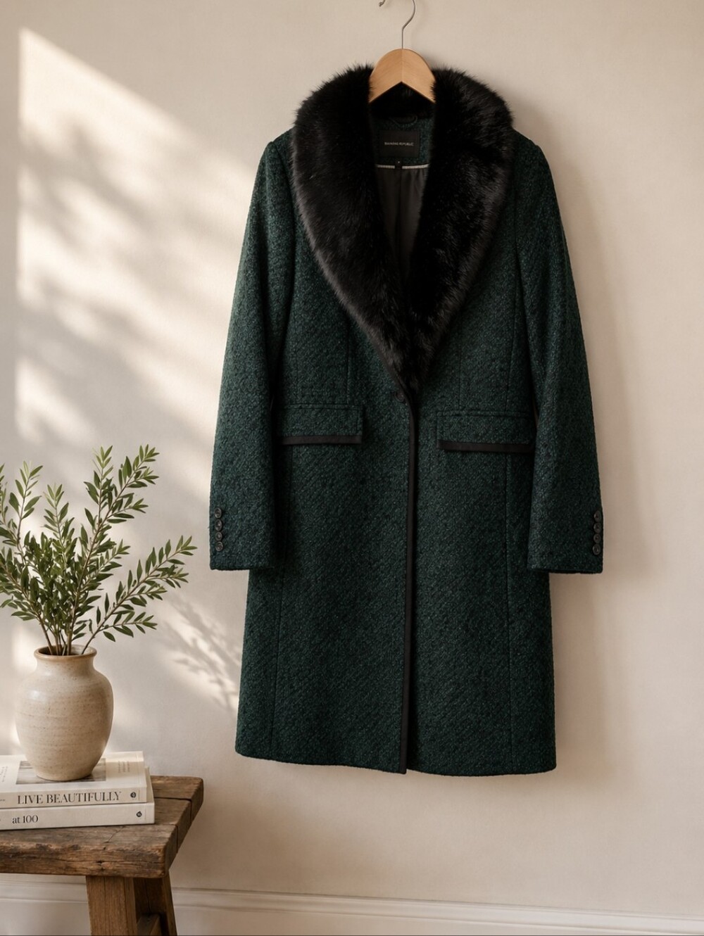 Banana Republic Emerald Green Italian Wool Coat Fur Trim